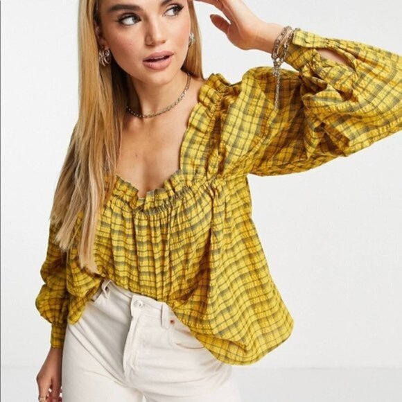 𝅺SELECTED Femme | Nwt Yellow Plaid Blouse - Picture 7 of 13
